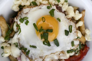 Gurme patates kızartması. Eritilmiş peynirli kızarmış patates, sucuk, dolmalık biber, soğan ve beyaz tabakta ızgara yumurta..