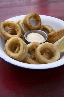 Lezzetli deniz ürünleri. Limonlu kızarmış kalamar halkaları ve beyaz bir kaseye batırılmış sos.. 