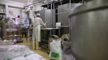 Yiyecek endüstrisi. Endüstriyel dondurma üretimi. Beyaz şeker ve vanilya tozunu paslanmaz bir huni makinesine boşaltan fabrika işçilerinin görüntüsü.