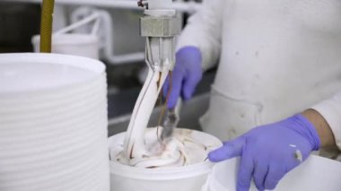 Yiyecek endüstrisi. Dondurma üretim süreci. Karamelli kremalı dondurmanın yakın görüntüsü, fabrika işçisi tarafından manipüle edilmiş bir borudan geliyor..