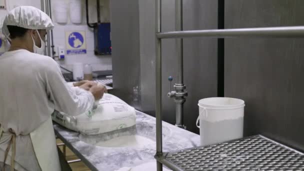 食品産業について 産業用アイスクリーム生産 白砂糖の袋をステンレス製のファンネル機械に空にする工場労働者の眺め — ストック動画