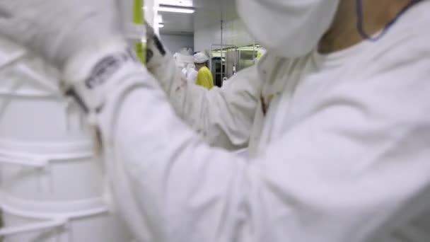 Élelmiszeripar Fagylalt Műanyag Tartályokat Szállító Munkavállalók Kilátása Gyárban — Stock videók