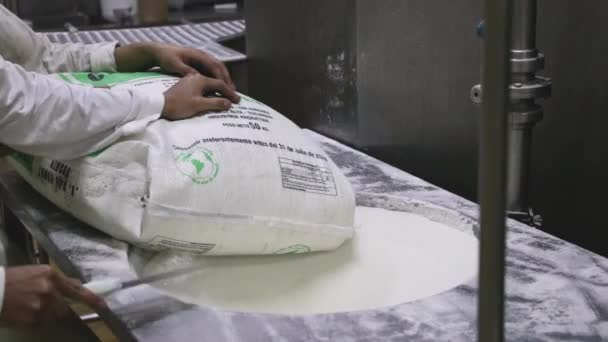 食品産業について 産業用アイスクリーム生産 白砂糖の袋をステンレス製のファンネル機械に空にする工場労働者の眺め — ストック動画