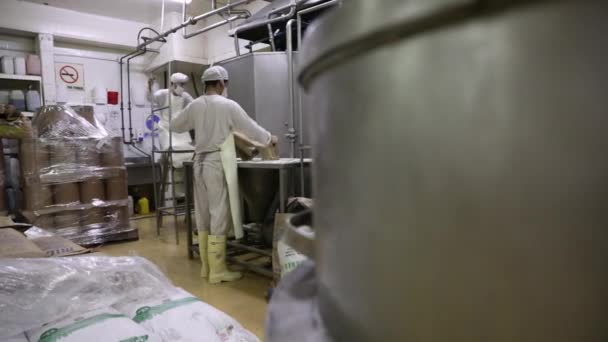 食品産業について 産業用アイスクリーム生産 バニラパウダーのバッグをステンレスファネルマシンに空にする工場労働者のビュー — ストック動画