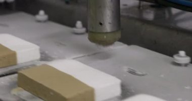 Endüstriyel dondurma üretim hattı. Dondurma tabletlerinin otomatikleştirilmiş bir makine tarafından dondurulup taşınmasının yakın görüntüsü.