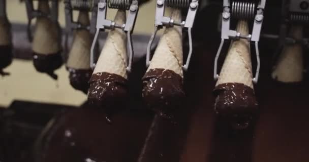 Пищевой Промышленности Линия Промышленного Мороженого Крупный План Автоматизированной Машины Погружающей — стоковое видео