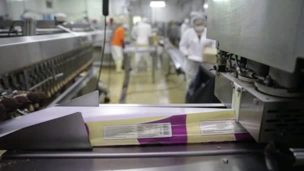 食品工业和技术 包装冰淇淋的商业机器用塑料袋包裹着用巧克力和花生包裹的锥形冰淇淋 背景中的工厂工人和操作员 — 图库视频影像