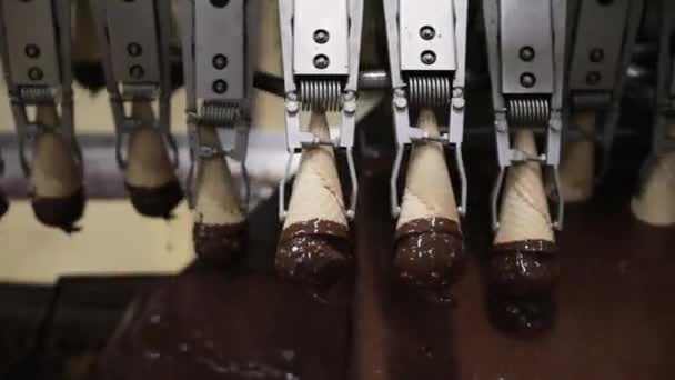 食品産業について 産業アイスクリーム工場ライン 液体チョコレートとピーナッツにアイスクリームを浸す自動機械のクローズアップビュー — ストック動画