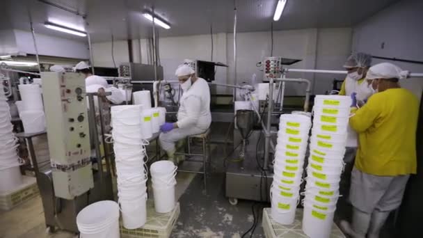 食品産業について 産業用アイスクリーム生産 新鮮なアイスクリーム生産のための工場労働者とプラスチック包装容器のビュー — ストック動画