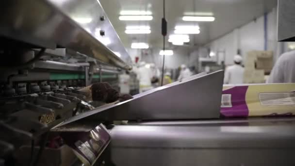 Indústria Alimentar Marketing Vista Perto Máquina Embalagem Cones Sorvete Trabalhadores — Vídeo de Stock