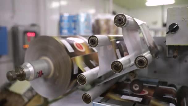 Voedingsmiddelenindustrie Industriële Ijsproductie Zicht Een Commerciële Automatische Verpakkingsmachine Plastic Wikkelrollen — Stockvideo