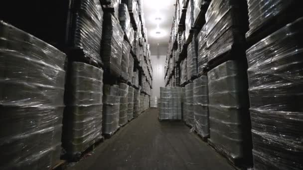 産業倉庫について 配達の準備ができた箱でいっぱいの貯蔵部屋の上に傾かれる — ストック動画