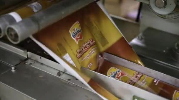 食品産業について ラッピング技術 商業用アイスクリームタブレット包装機のクローズアップビュー — ストック動画