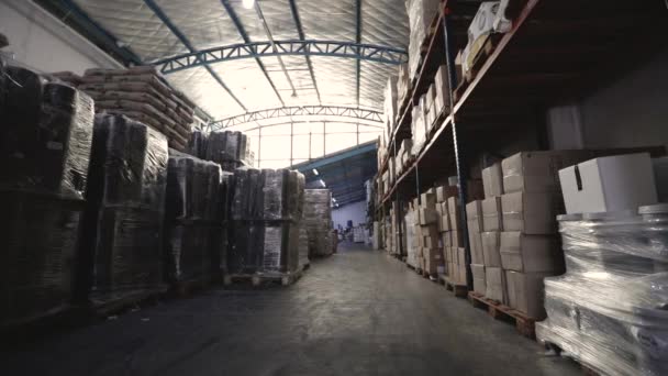 産業倉庫について 箱や商品が詰まった収納室の様子 — ストック動画