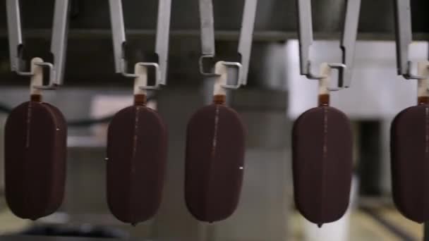 工业冰淇淋工厂 食品生产自动化和自动化技术 运送涂有巧克力的奶油棒棒糖的机器视图 — 图库视频影像