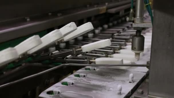 食品産業について オートメーションと技術 産業用アイスクリーム製造工程 クリームを輸送するクリームポップスル工場機械のビュー — ストック動画