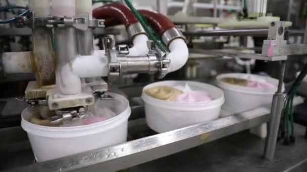 Przemysł Spożywczy Technologia Automatyzacja Widok Bliska Maszyny Wypełniającej Komercyjne Plastikowe — Wideo stockowe