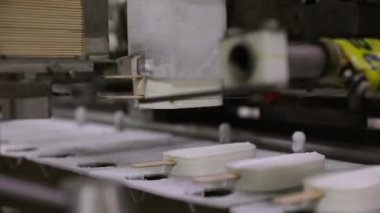Yiyecek endüstrisi. Otomasyon ve teknoloji. Endüstriyel dondurma üretim süreci. Kremalı dondurma fabrikası görüntüsü.