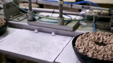 Sanayi tatlısı. Dondurma fabrikası makineleri ve üretim hattı. Dondurmalı çikolatalı kek taşıyan bir taşıma bandının yakın görüntüsü.