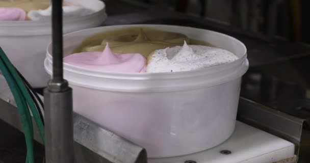 アイスクリーム工場 異なる味の商業アイスクリームポットを輸送するコンベヤベルトのクローズアップビュー — ストック動画