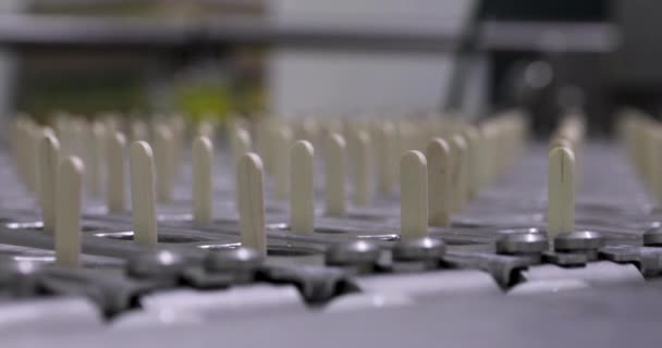 産業用アイスクリーム生産 工場のポップスル機械 氷のポップ型を輸送し凍結する自動コンベアバンドのクローズアップビュー — ストック動画