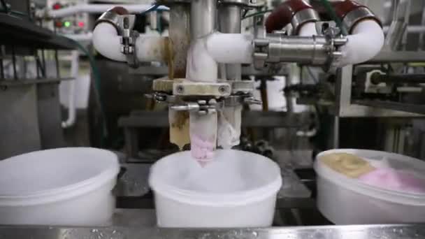 食品産業について 技術とオートメーション 異なる味の商業プラスチックアイスクリームポットを満たす機械のクローズアップビュー — ストック動画