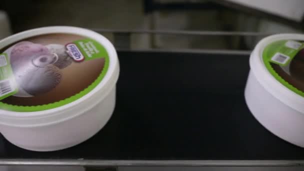 食品産業について 工業用アイスクリーム工場 コンベヤベルトで輸送される商業アイスクリームポットのクローズアップビュー — ストック動画