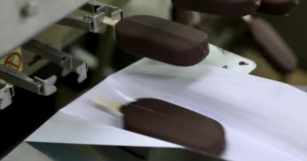 工業用アイスクリーム工場 食品生産事業におけるオートメーションと技術 チョコレートでコーティングされたクリームポップスケルを輸送し包装する機械のビュー — ストック動画
