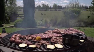 Açık havada barbekü. Parkta ızgara et, domuz sosisi, kanlı sosis, domuz eti ve daha bir sürü et kesiği var.. 