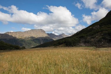 Idyllic landscape. Beautiful view of the grassland, valley and mountains in a sunny day.  clipart