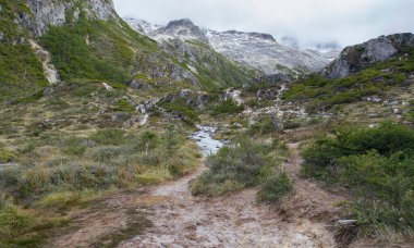 Kayalık tepeler ve çayırlar boyunca akan buzullu su akıntısının manzarası.