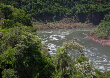 Ormandaki Iguazu nehri boyunca giden küçük bir tekne. Misiones, Arjantin 'deki Iguazu ulusal parkındaki akıntılar ve yemyeşil bitki örtüsü..