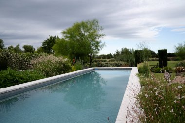 Bahçedeki dikdörtgen yüzme havuzunun manzarası, bitkiler ve çiçeklerle çevrili.