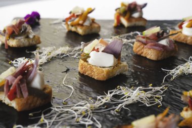 Gurme parmak yiyeceği. Kanepeler. Akdeniz bruschetta 'sının peynir, jambon ve sebze gibi farklı malzemelerle yakın görüntüsü, siyah bir tahtada sunuluyor.