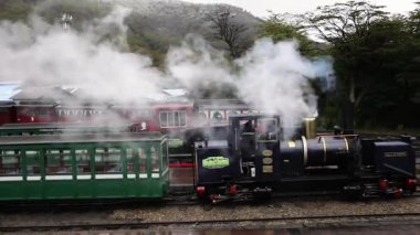 Tierra del Fuego, Arjantin 04,25,2025: İstasyona park edilmiş popüler tren yolu Austral Fueguino buharlı lokomotifi ve yeşil vagonlar. Demiryolundan beyaz buhar çıkıyor.
