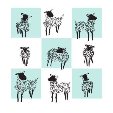 Beyaz ve mavi arka planda koyunlar. Vektör çizimi. Çizgi çizimi el çizimi.