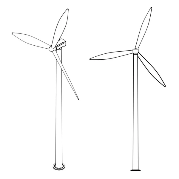 Set Windmolen Windgenerator Eco Energie Vector Illustratie Line Art — Stockvector