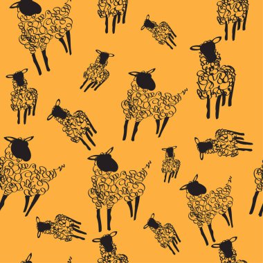 Koyunlar. Kusursuz desen. Turuncu arka planda vektör el çizimi. Dekoratif şirin duvar kâğıdı, yazdırmak için iyi.