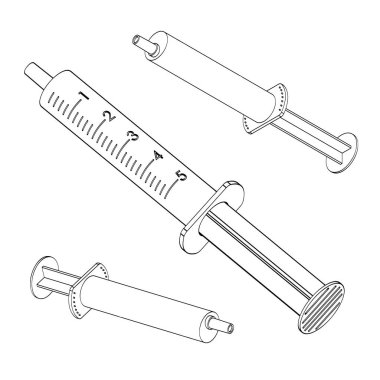Şırınga hazır. Vektör hattı sanatı. Şeffaf bir arkaplanda resimleme. Tıbbi tema. Gerçekçi şırınga koleksiyonu. Isometric, üç boyutlu.