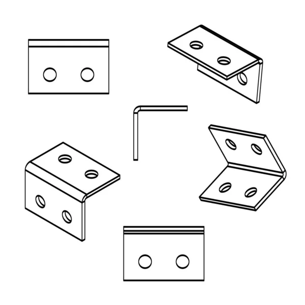 Metallic Plastic Corner Two Holes Transparent Background Set Line Drawing — Stock Vector