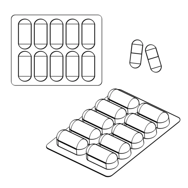 Gyógyszer Csomagolás Fájdalomcsillapítók Antibiotikumok Vitaminok Tabletták Hólyagok Ikonjai Kapszulákkal Csomagolás — Stock Vector