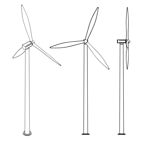 Set Windmolen Windgenerator Eco Energie Vector Illustratie Line Art — Stockvector