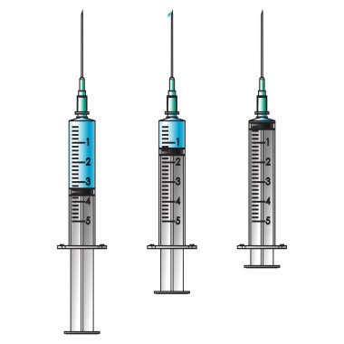 Tıbbi Şırıngayı aşıyla hazırla ve bırak. Siyah vektör çizgileri ve renkli gradyanlar şeffaf arkaplanda izole edildi.