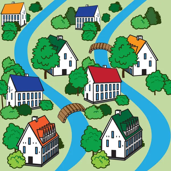 Evler, nehirler ve ağaçlarla kusursuz bir şablon. Elle çizilmiş renkli çizim deseni. Çizgi çalışması. Çizgi film stili