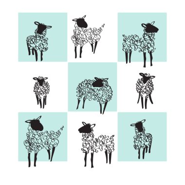 Beyaz ve mavi arka planda koyunlar. Vektör çizimi. Çizgi çizimi el çizimi.