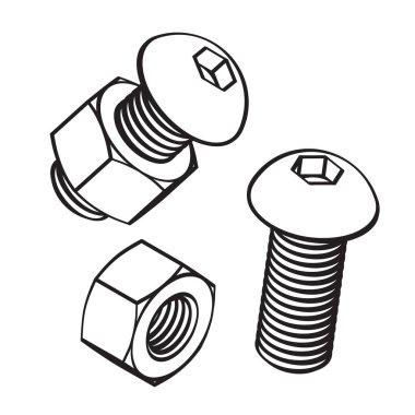 Çelik cıvata, ceviz. Başında uğursuzluk soketi var. Hazır ol. Beyaz arka planda izole edilmiş. Vektör satırı illüstrasyonu.
