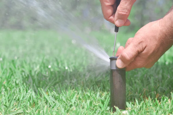 Adjusting Sprinkler Screwdriver Garden Maintenance Concept — Stock Photo, Image
