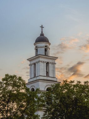 church bell tower at sunset