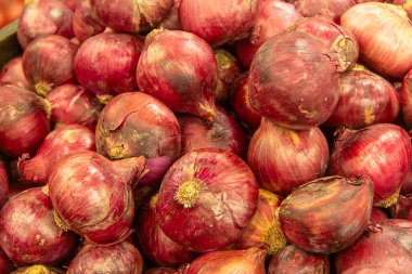Shallotlar. Piyasada taze arpacık soğanı grubu, Shallot arka planı.