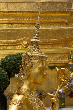 Zümrüt Buda tapınağının altın melek heykeli (Wat phra kaew) ve Kraliyet Büyük Sarayı, Bangkok, Tayland.